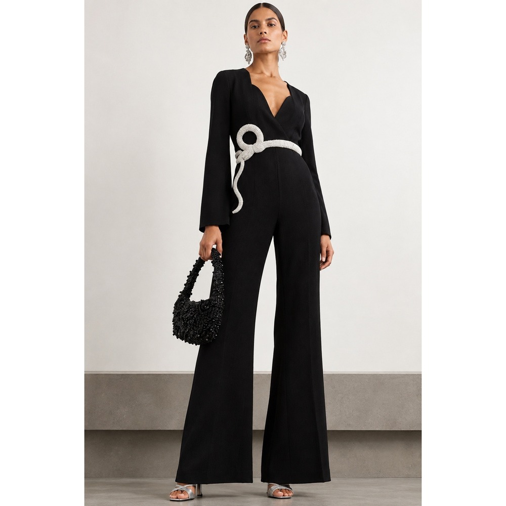 Clio Peppiatt Hand Beaded Crystal Embelished Snake Wide Leg Black Crepe Jumpsuit